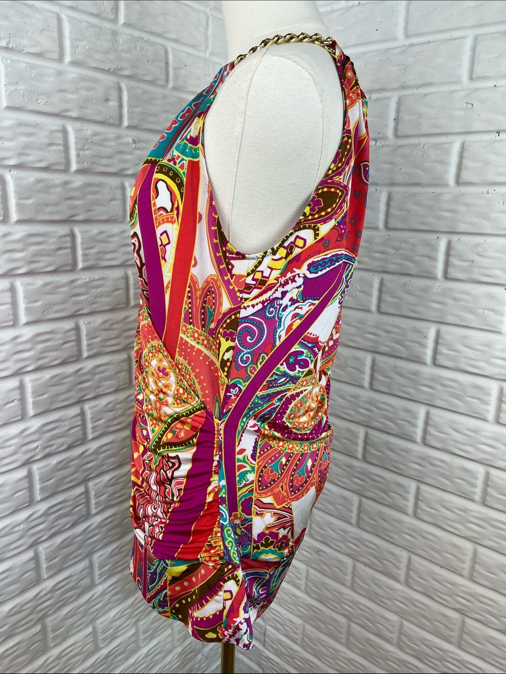 CACHÉ Y2K VINTAGE HALTER BLOUSE CHAIN COLLAR FAUX WRAP COLORFUL PAISLEY SZ LG - Picture 4 of 12